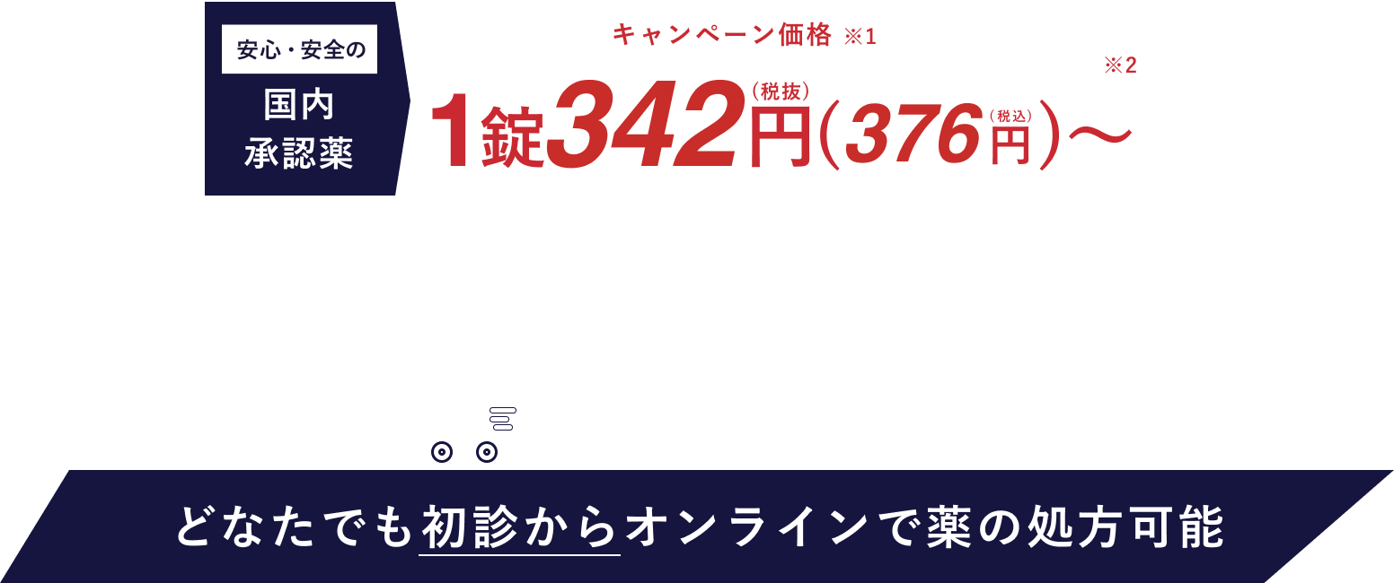 オンラインED診療 | ご自宅から簡単！オンラインで受診可能 | アプリ不要、PC・スマホで完結！ | 1錠822円（税込）〜国内最安を追求 | お薬は最短翌日発送 | どなたでも初診からオンラインで薬の処方可能