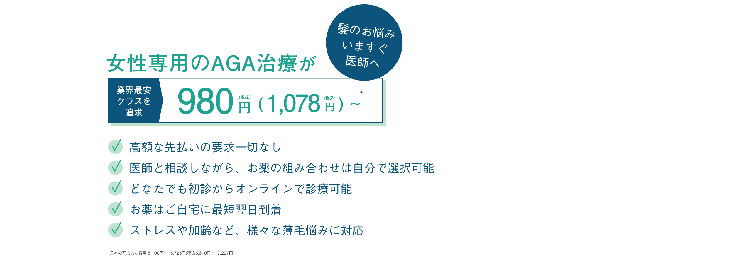 薄毛・抜け毛に悩まない、自分らしい毎日へ | お薬はご自宅に最短翌日到着  | どなたでも初診からオンライン診療が可能 | 高額な先払いの要求一切なし | 医師と相談しながら、お薬の組み合わせは自分で選択可能 | ストレスや加齢など、様々な薄毛悩みに対応 | アプリ不要 PC・スマホで完結 | 女性専用薄毛治療が業界最安クラスを追求し、980円（税抜）から治療がはじめられます | 髪のお悩みはいますぐ医師へご相談ください