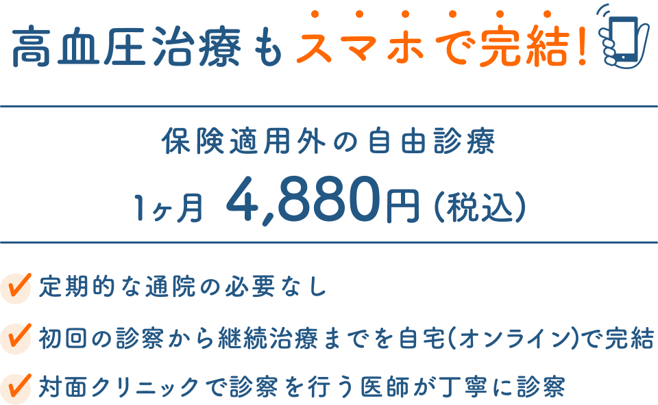 高血圧治療もスマホで完結！保険適用外の自由診療 4,880円 1ヶ月 (税込) ・定期的な通院の必要なし ・初回の診察から継続治療までを自宅(オンライン)で完結 ・対面クリニックで診察を行う医師が丁寧に診察