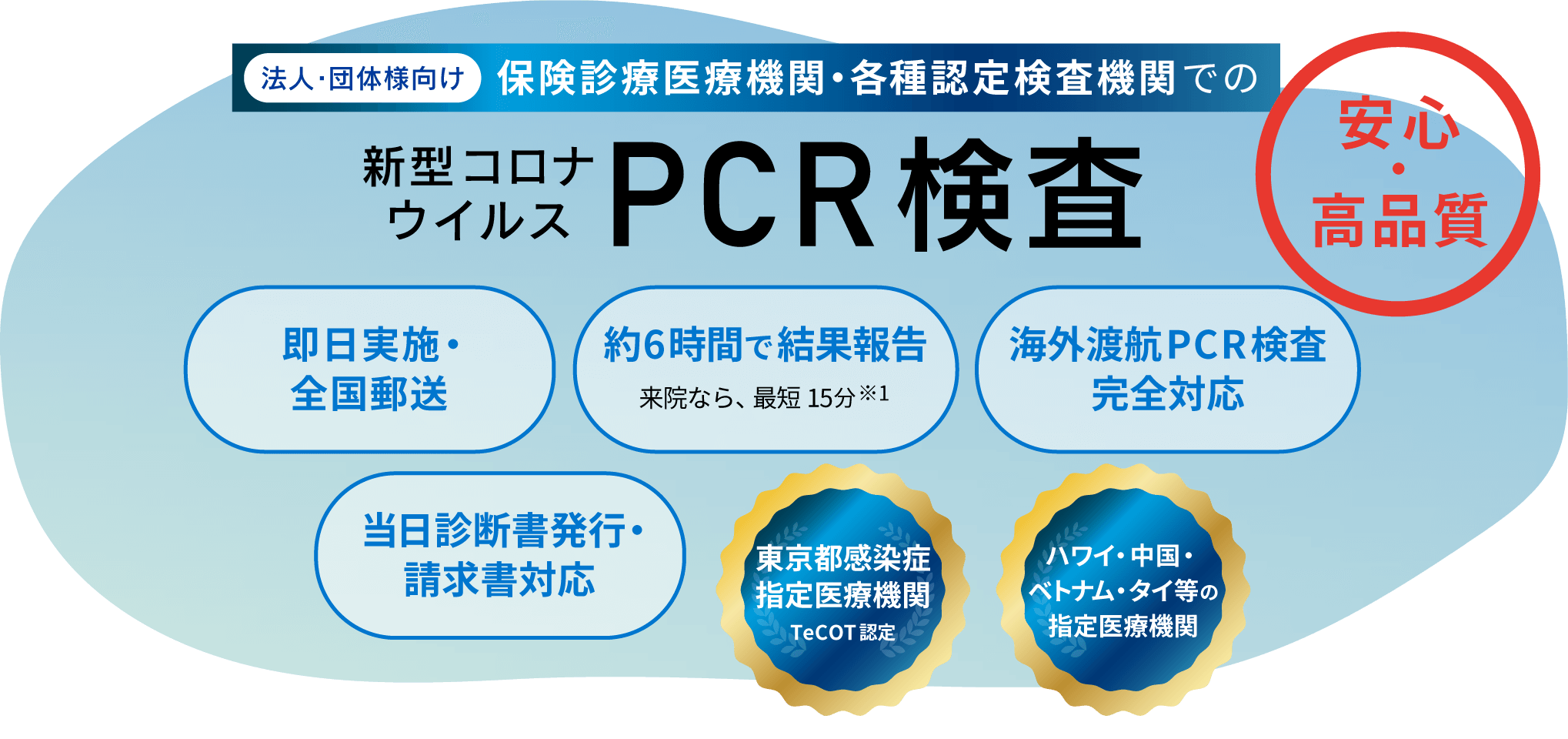 法人・団体様向け 保険診療医療機関・各種認定検査期間であるクリニックフォアでの新型コロナウィルスPCR検査