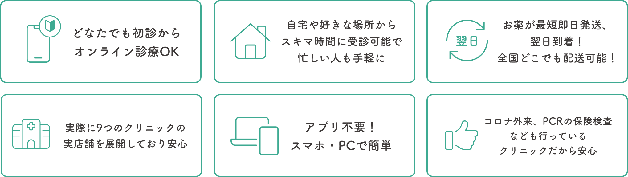 どなたでも初診からオンライン診療OK | 自宅や好きな場所からスキマ時間に受診可能で忙しい方も手軽に | お薬が最短即日発送、翌日到着！全国どこでも配送可能！ | 実際に9つのクリニックの実店舗を展開しており安心 | アプリ不要！スマホ・PCで簡単 | コロナ外来、PCRの保険検査なども行っているクリニックだから安心