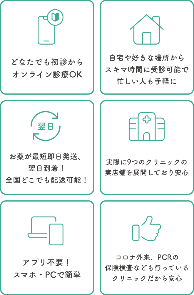 どなたでも初診からオンライン診療OK | 自宅や好きな場所からスキマ時間に受診可能で忙しい方も手軽に | お薬が最短即日発送、翌日到着！全国どこでも配送可能！ | 実際に9つのクリニックの実店舗を展開しており安心 | アプリ不要！スマホ・PCで簡単 | コロナ外来、PCRの保険検査なども行っているクリニックだから安心